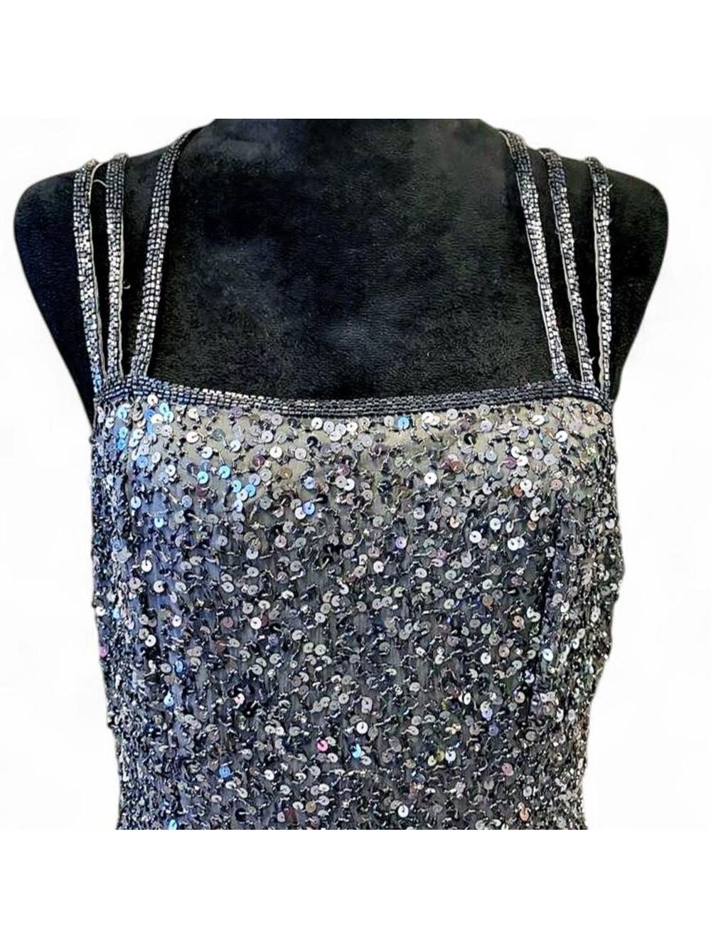 90s Vintage Scala Black Sequin Silk Gown – Prom Queen Maxi Dress M